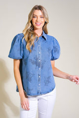 Kinley Washed Printed Denim Shirt