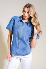 Kinley Washed Printed Denim Shirt