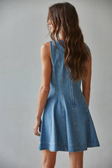 Denim Cotton Round Neck Sleeveless Mini