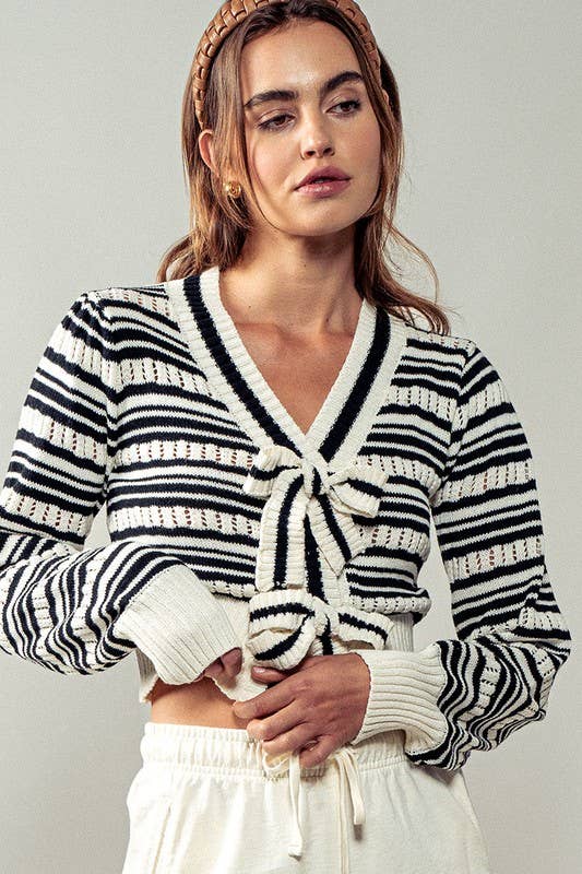 Ribbon Button Stripe Cardigan