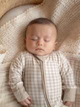 2-Way Convertible Zip Romper, Tan Gingham