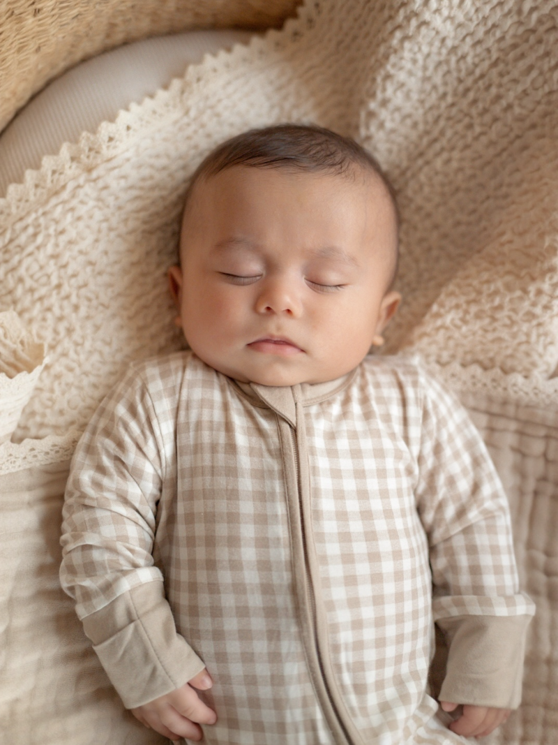 2-Way Convertible Zip Romper, Tan Gingham