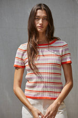 Knit Sweater Multi Color Striped Short Sleeve