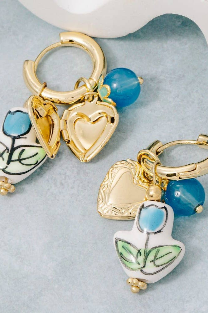 Heart Locket And Flower Charm Earrings