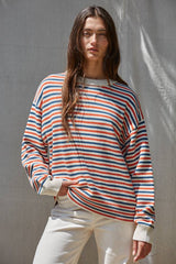 Knit Sweater Multi Color Striped Cotton Crew Neck