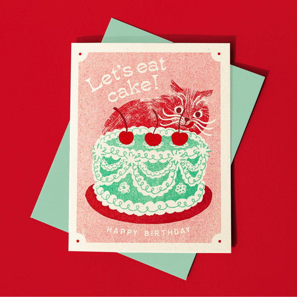 Let's Eat Cake Cat - Risograph Birthday Card
