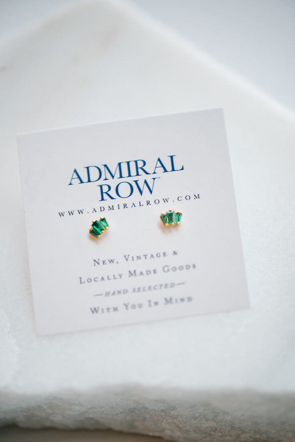 Green Trio Baguette Gold Studs