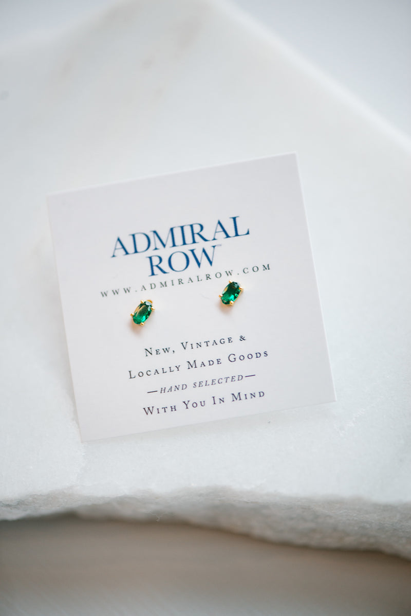 Green CZ Oval Stud Earrings