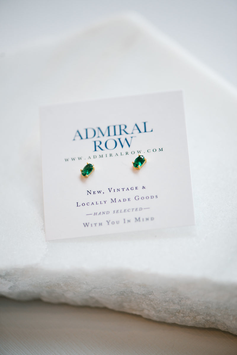 Green CZ Oval Stud Earrings
